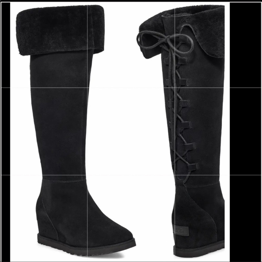 NEW UGG Femme CLASSIC OTK BLACK WEDGE BOOTS lace up bow over the knee Size 6